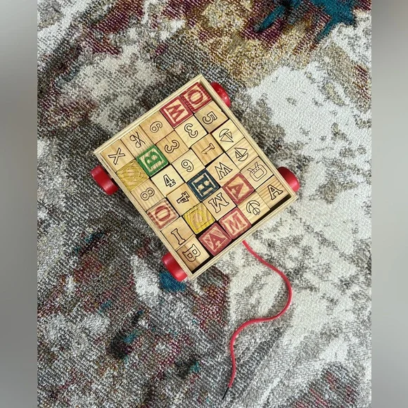 Vintage wooden baby blocks primary colors numbers letters objects pull along bin - Picture 6 of 7
